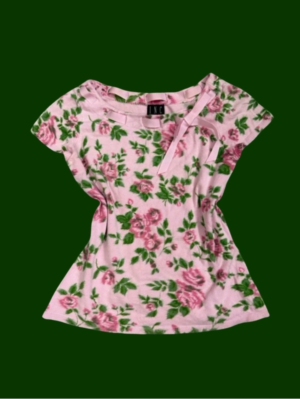 Vintage Y2K Pink Rose Floral Coquette Romantic Top Medium Ribbon Bow Detail